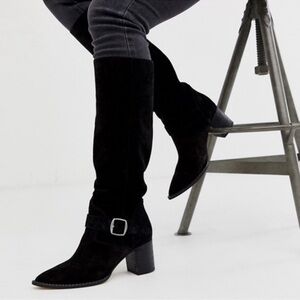 FREE PEOPLE BLACK SUEDE DAHLIASLOUCHY HIGH BOOTS W BUCKLE SIZE 6‎